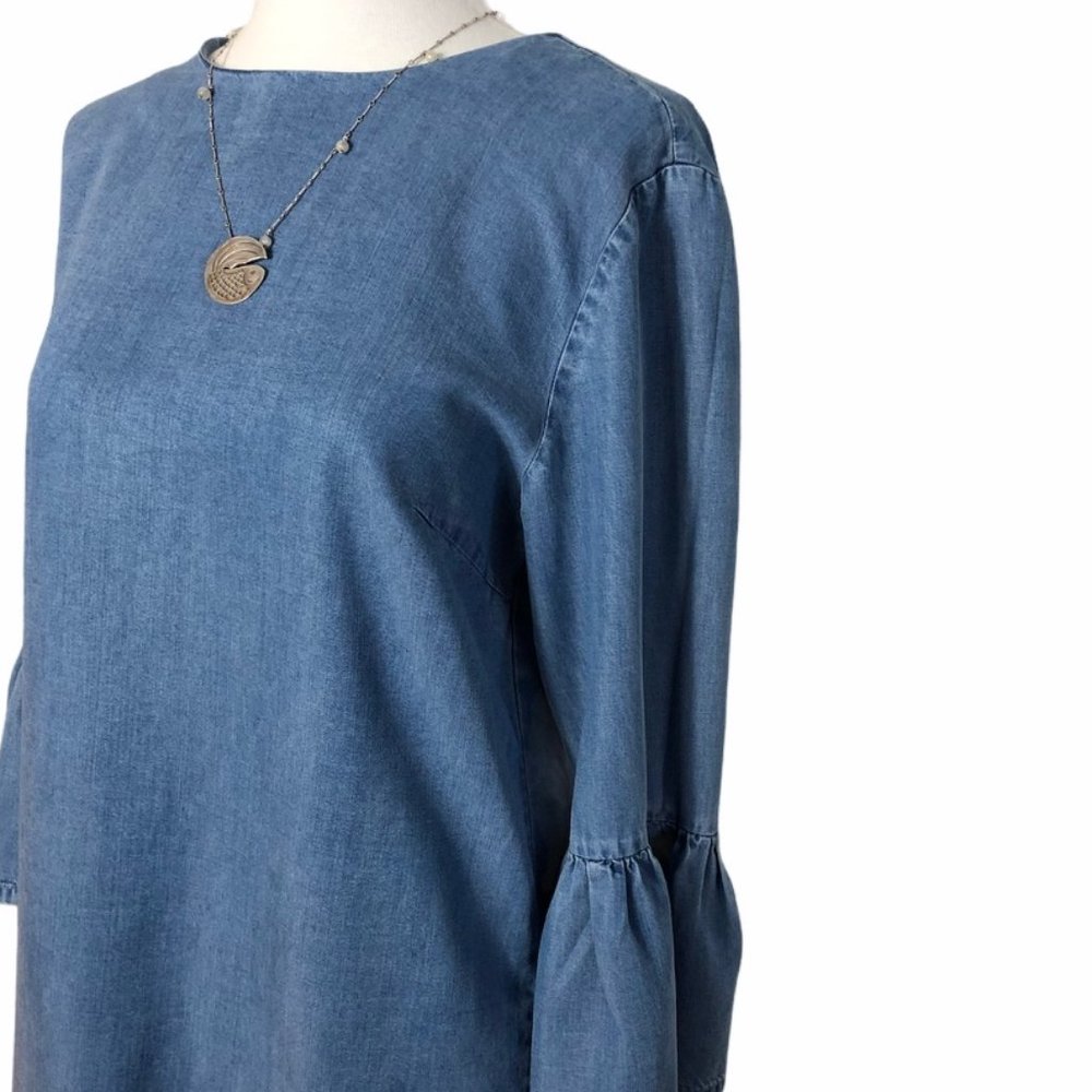 Zara Woman Chambray Trumpet Sleeve Dress Small - Picture 3 of 5